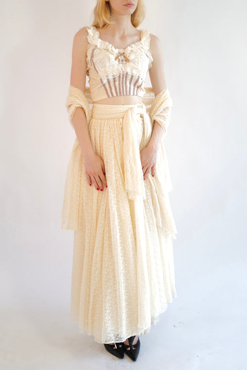 Dolce & Gabbana F/W 1993 Cream Lace Corset Bustier, Full-Length Skirt And Shawl Ensemble