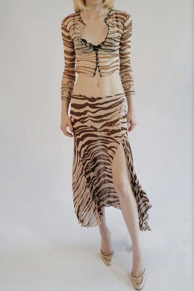 Blumarine S/S 2000 Zebra Print Mesh Cardigan, Asymmetric Skirt and Embellished Mules Ensemble