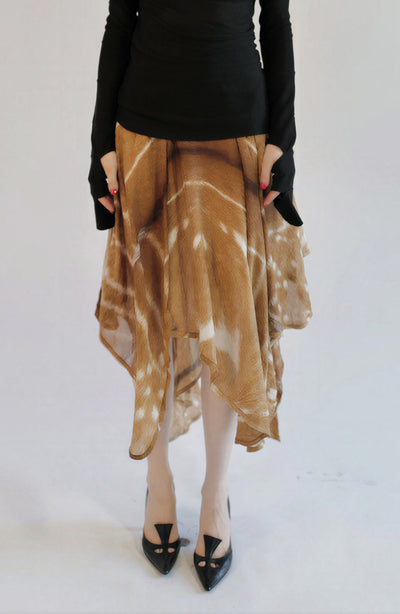 Yves Saint Laurent by Tom Ford S/S 2002 Fawn-Print Sheer Handkerchief-Hem Midi Skirt