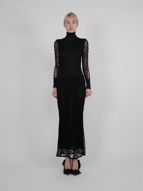 Christian Dior by John Galliano F/W 1999 Black Ribbed Knit Lace-Sleeve Gown