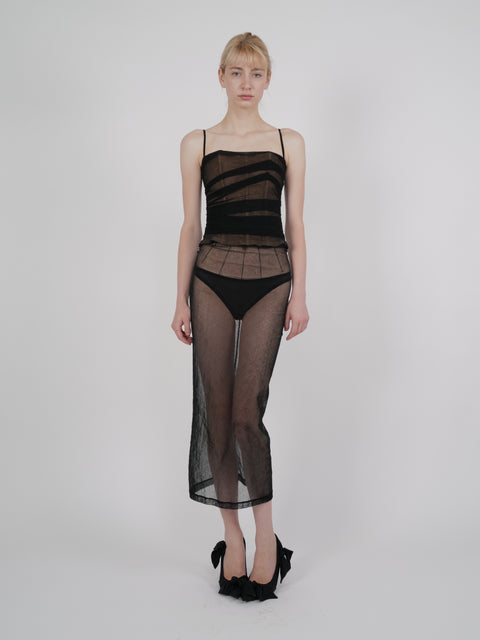 Dolce & Gabbana S/S 1998 Black Sheer Mesh Ruched Diagonal-Banded Bustier Midi Dress