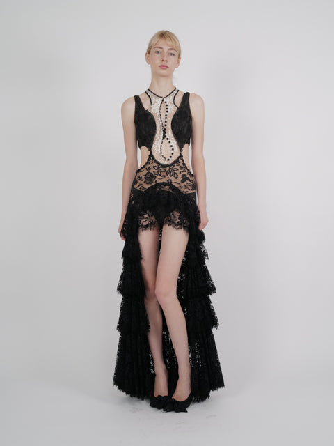 Alexander McQueen S/S 2016 Black And Ivory Lace Cut-Out Tiered High-Low Gown