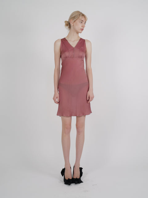 Prada F/W 1997 Rose Satin Slip Dress With Silver Bugle-Bead Trim And Tie Belt