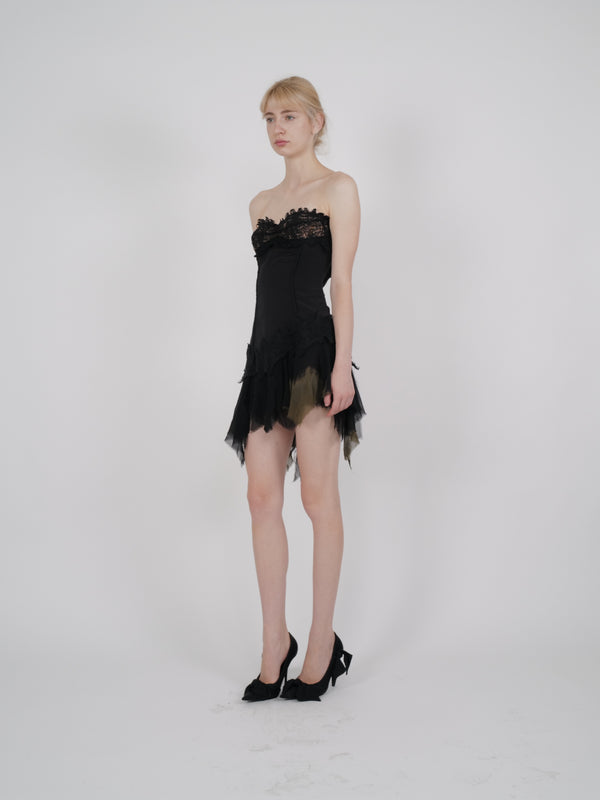 Versace F/W 2003 Strapless Silk Mini Dress with Lace Trim