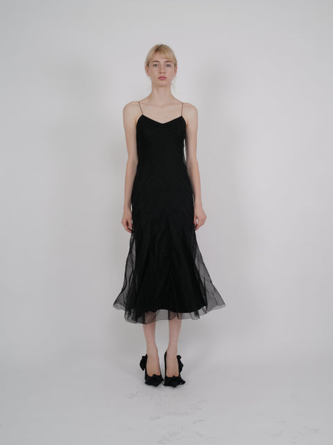 John Galliano S/S 2000 Black Chevron-Pintucked Sheer-Hem Slip Dress