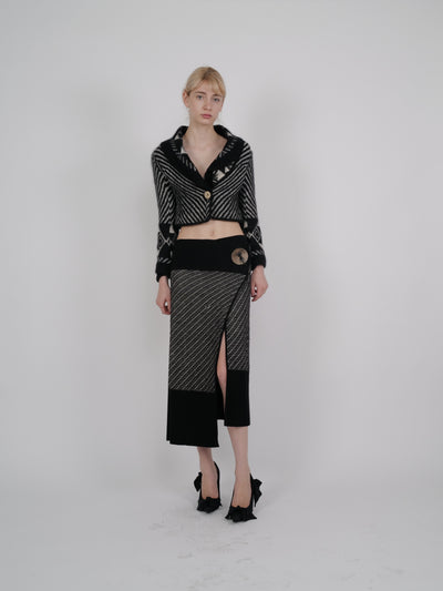 John Galliano F/W 1999 Black & Ivory Chevron Intarsia Cropped Blazer And Midi Skirt Set