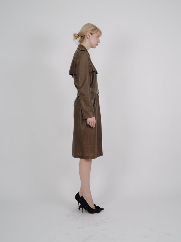 Gucci by Tom Ford F/W 2002 Brown Perforated Leather Belted Trench Coat