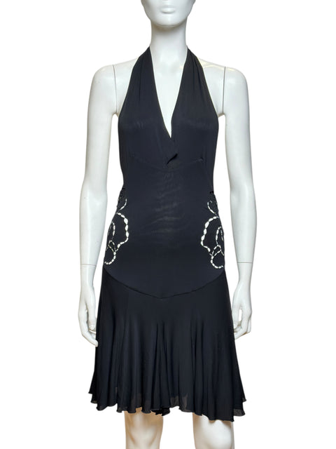Roberto Cavalli S/S 2002 Runway Plunging Neckline Cutout Silk Black Mini Dress