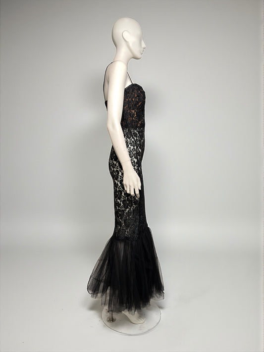 La Perla 1990s Black Lace Mermaid Gown with Sheer Tulle Hem