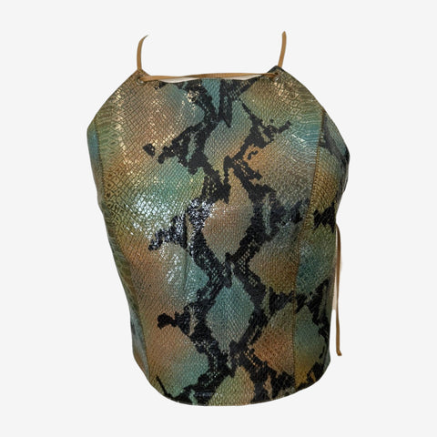 Plein Sud Late 1990s Python Print Leather Halter Top