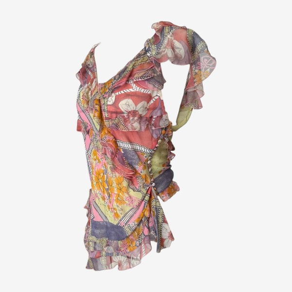 Christian Dior by John Galliano S/S 2005 Printed Silk Chiffon Ruffled Top