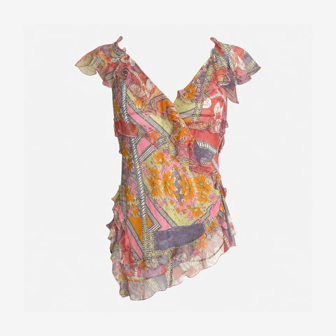 Christian Dior by John Galliano S/S 2005 Printed Silk Chiffon Ruffled Top