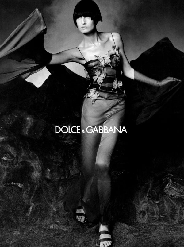 Dolce & Gabbana S/S 1998 Black Sheer Mesh Ruched Diagonal-Banded Bustier Midi Dress