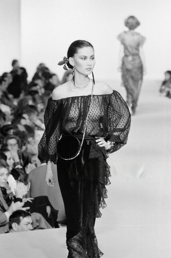 Saint Laurent F/W 1978 Black Sheer Velvet Polka-Dot Ruffled Midi Skirt And Top Ensemble