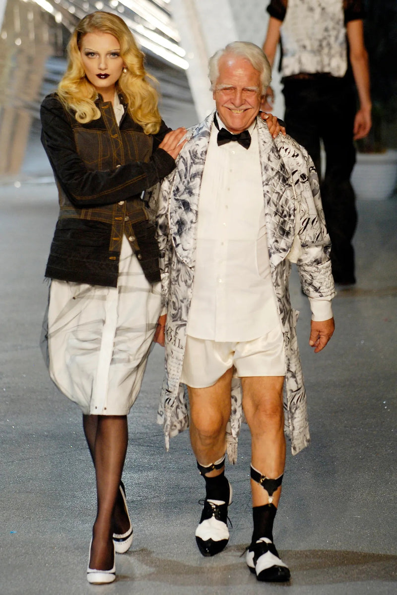 Model wearing John Galliano denim and tulle jacket from Spring 2006 runway show