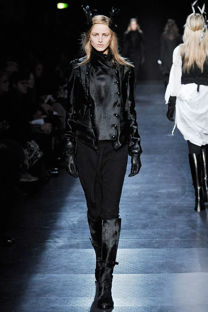 Charcoal grey wool Napoleon jacket by Ann Demeulemeester, full length front view