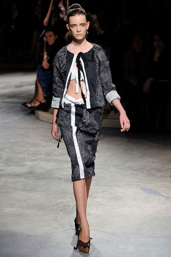 Prada S/S 2009 Brown Snakeskin-Print Metallic-Stripe Pencil Skirt