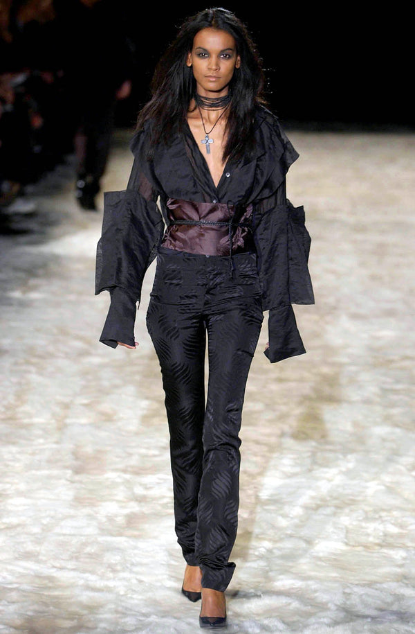 Gucci by Tom Ford F/W 2002 Black Jacquard Leaf-Print Obi-Belt Flare Trousers