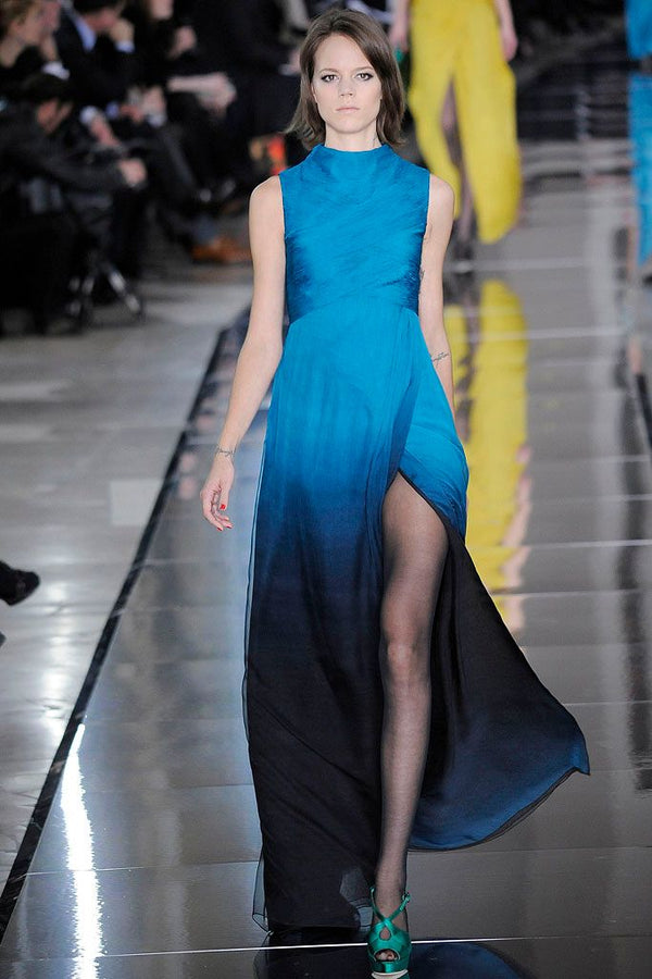 Valentino F/W 2009 Teal-to-Black Ombré Ruched Silk Sleeveless Gown