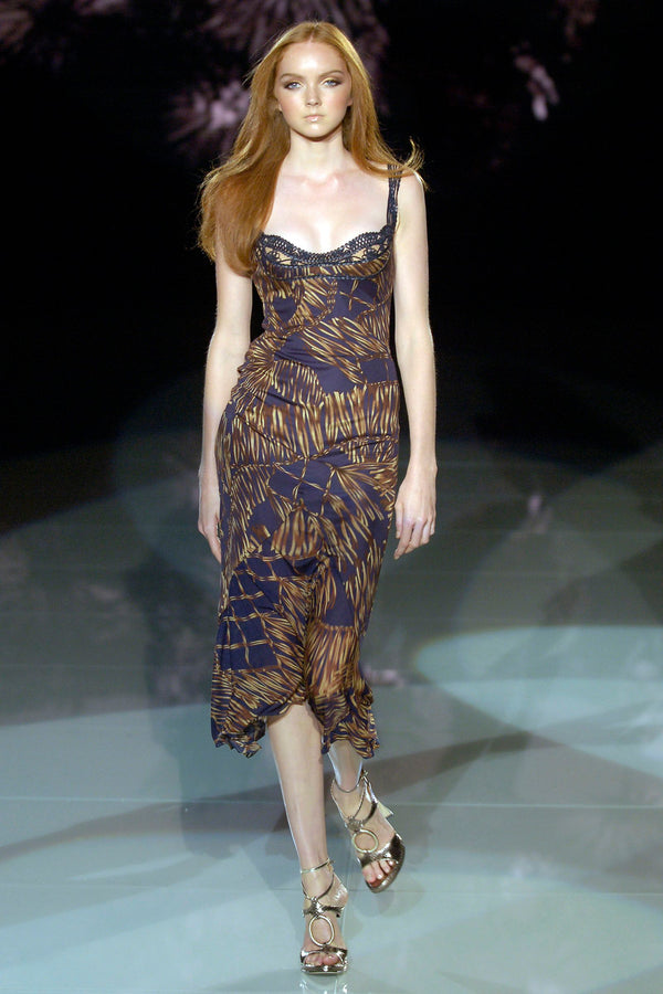 Versace S/S 2006 Navy & Bronze Tropical-Print Body-Con Midi Dress