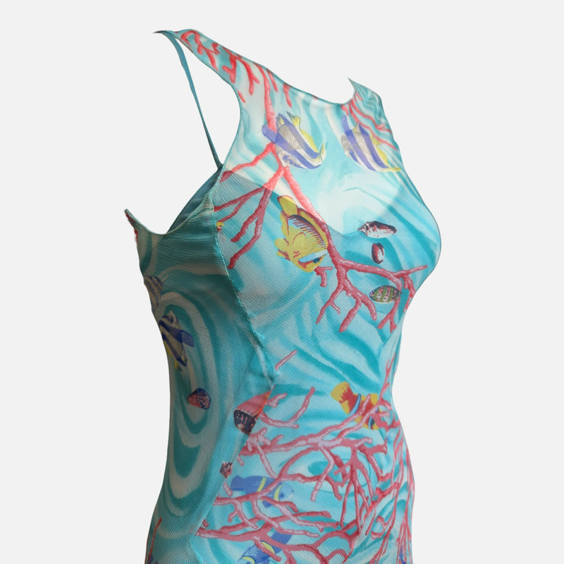 Blumarine 2000s Aqua Sheer Coral-Print Asymmetric Midi Dress