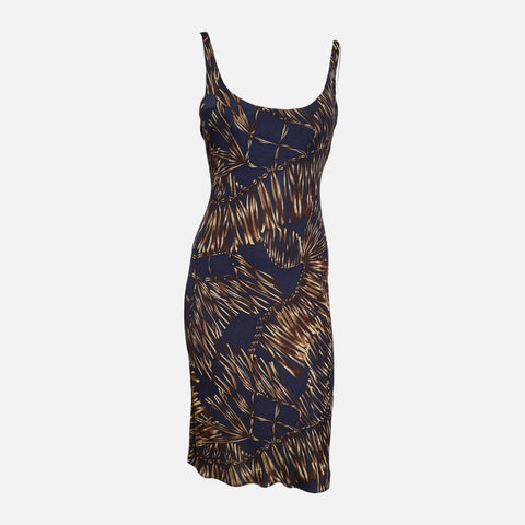 Versace S/S 2006 Navy & Bronze Tropical-Print Body-Con Midi Dress