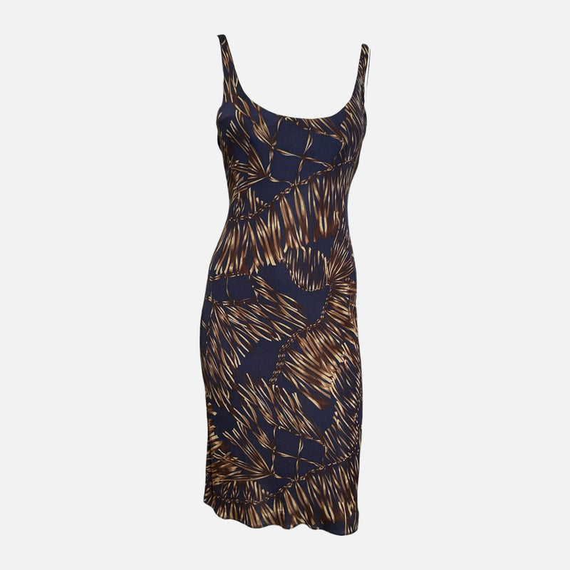 Versace S/S 2006 Navy & Bronze Tropical-Print Body-Con Midi Dress