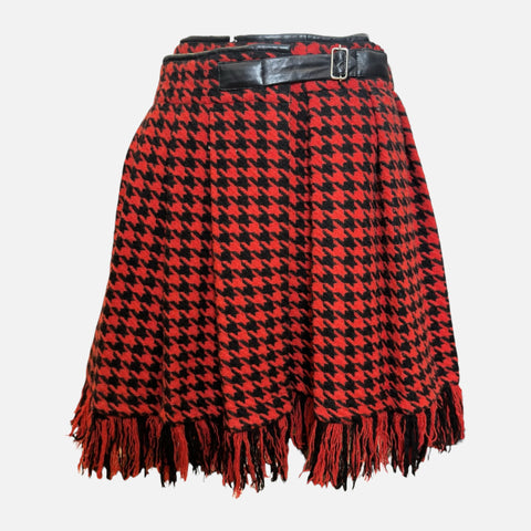 Yohji Yamamoto F/W 2003 Red And Black Houndstooth Fringed Wrap Skirt With Lambskin Waistband