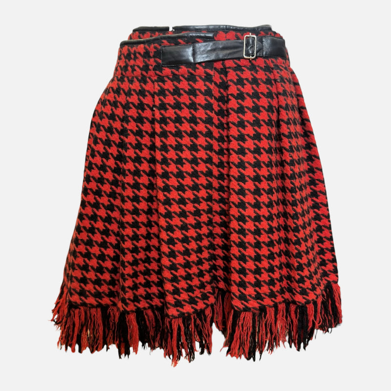 Yohji Yamamoto F/W 2003 Red And Black Houndstooth Fringed Wrap Skirt With Lambskin Waistband