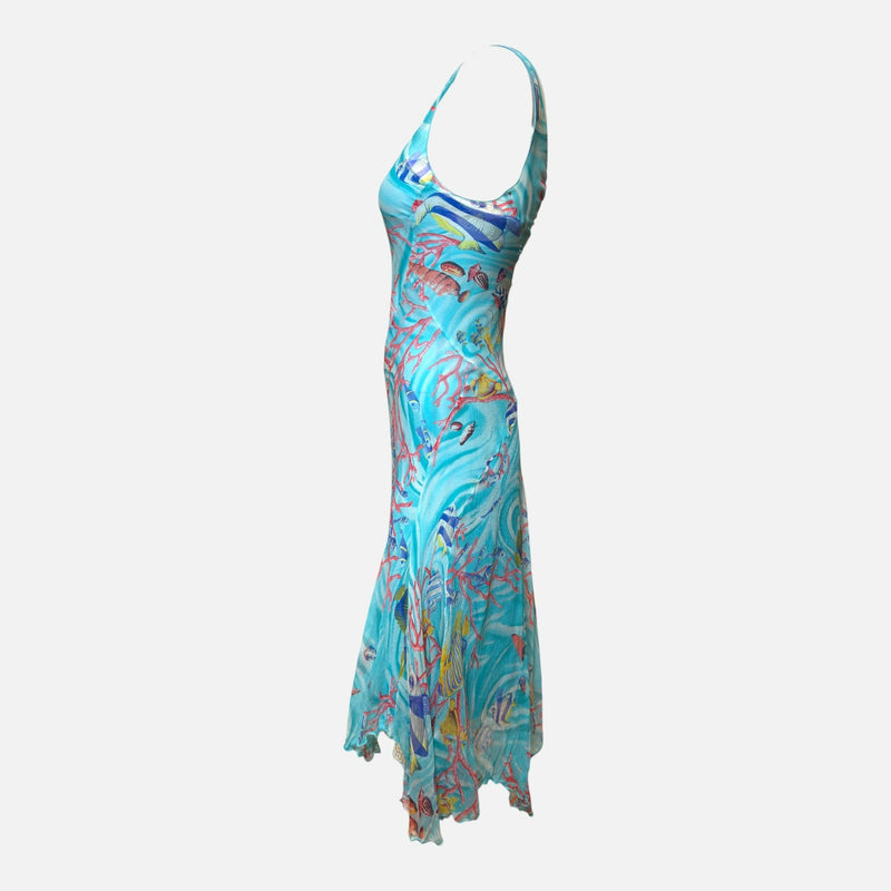 Blumarine 2000s Aqua Sheer Coral-Print Asymmetric Midi Dress