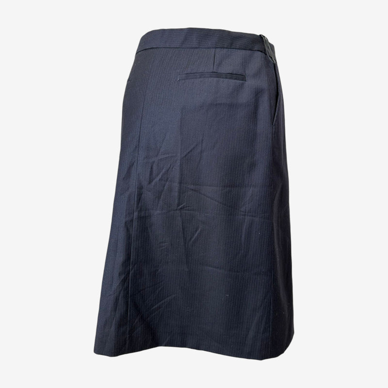 Navy pinstripe wool midi skirt by Maison Martin Margiela, detail of waistband construction