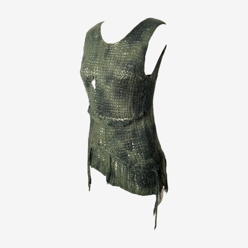 Olive green knit tank by Junya Watanabe, side profile showing distressed hem construction