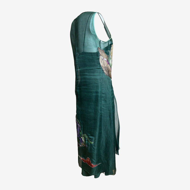 Emerald green silk organza dress by Prada, full length view with James Jean fairy motifs
