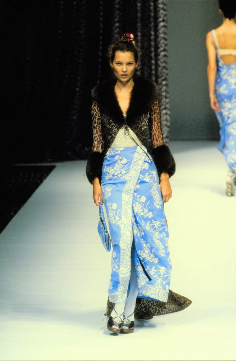 Dolce & Gabbana Spring/Summer 1997 runway presentation, embroidered blue silk skirt