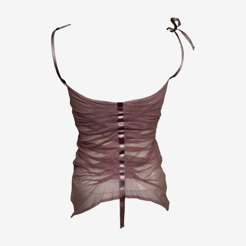 Plein Sud 2000s Mauve Sheer Mesh Ruched Tie-Strap Bustier Top