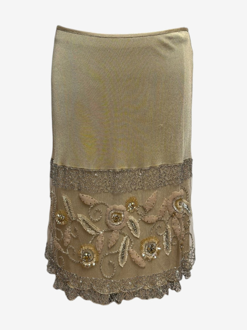 Beige silk skirt by Valentino, beaded embroidery detail at hemline