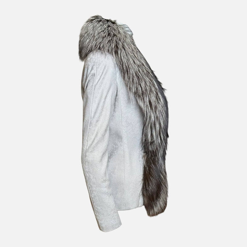 Christian Dior by John Galliano F/W 1998 Ivory Floral Brocade Jacket With Silver Fox Fur Trim