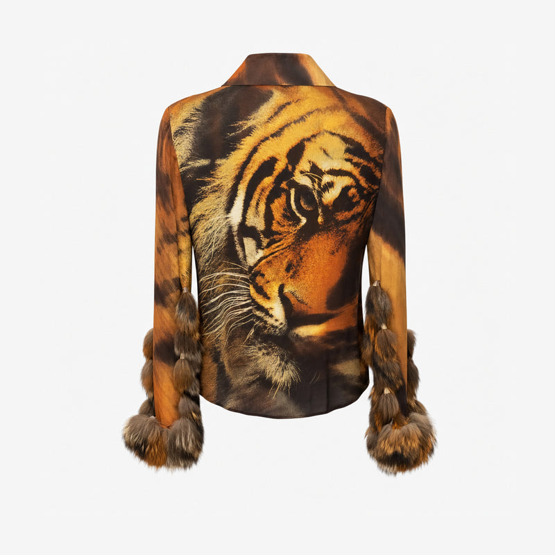 Orange and black tiger print silk shirt by Roberto Cavalli, fur trim detail
