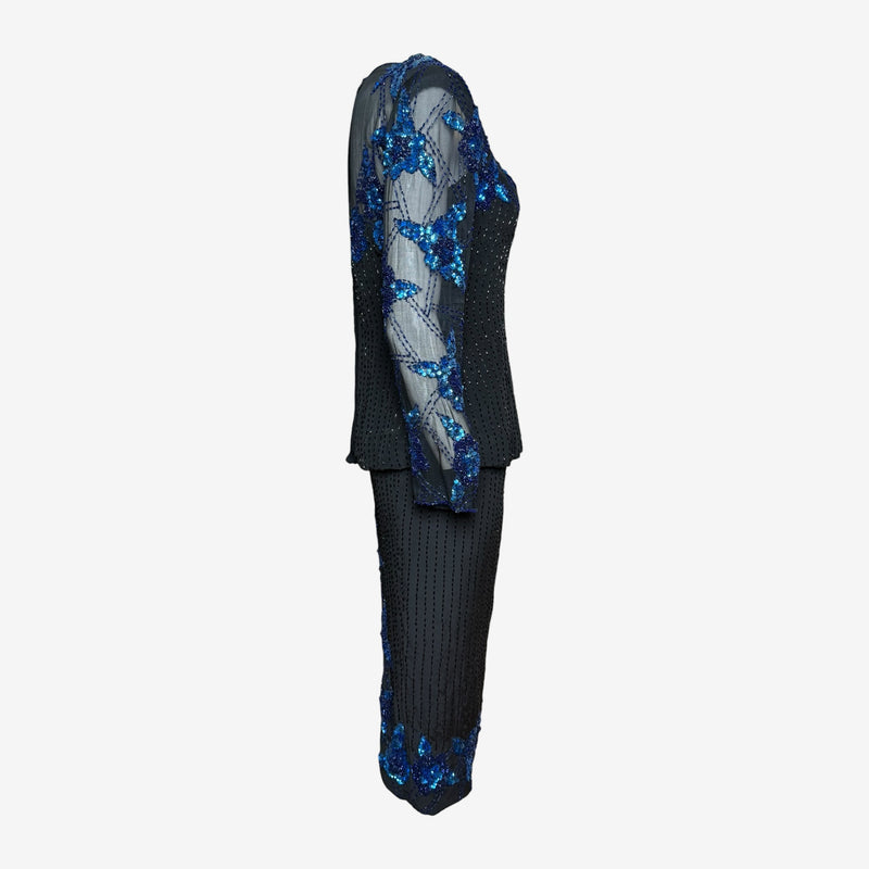 Gianni Versace sheer long sleeves with integrated blue floral sequin appliqué pattern