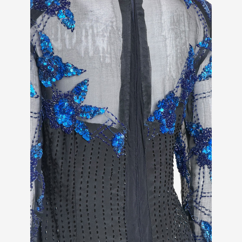 Navy midi skirt from Gianni Versace ensemble with coordinating hemline sequin florals