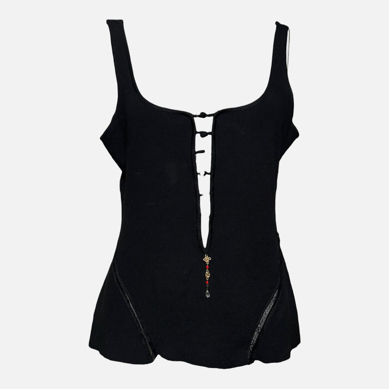 Roberto Cavalli S/S 2003 Black And Red Chinoiserie Floral-Panel Sleeveless Top