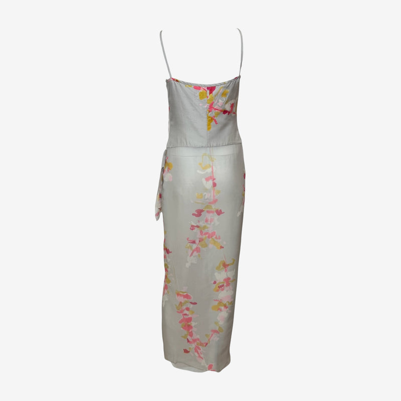 Christian Lacroix S/S 1999 Grey Floral-Print Draped Silk Maxi Dress