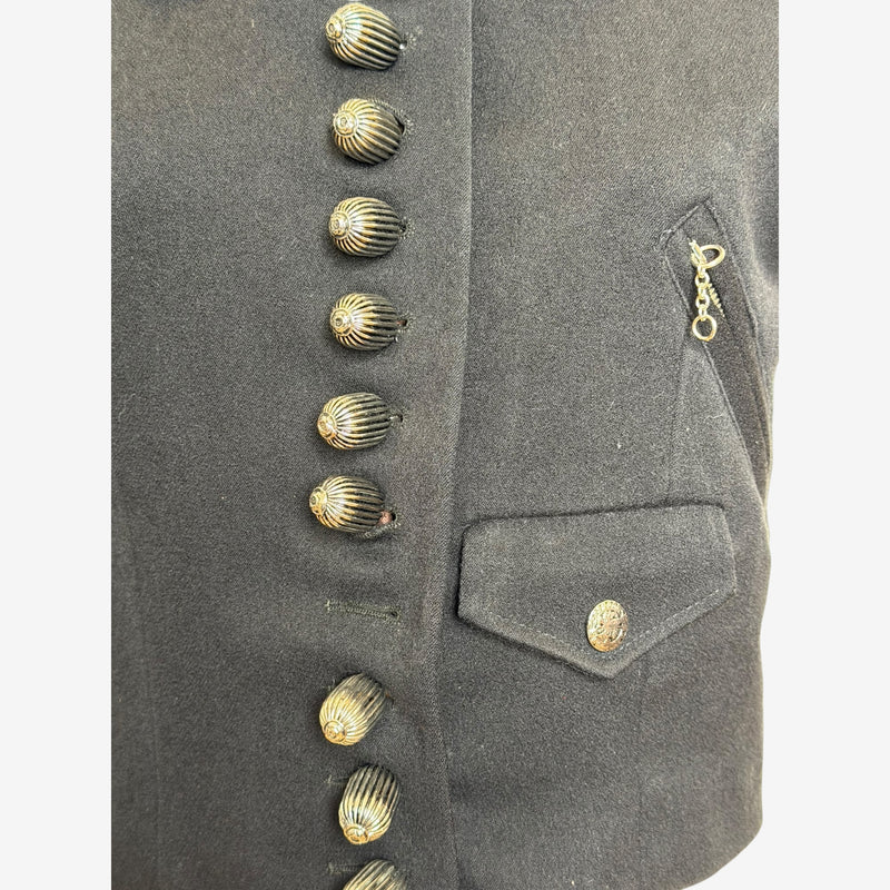 Helmut Lang military vest, full length view of pointed collar and structured wool construction