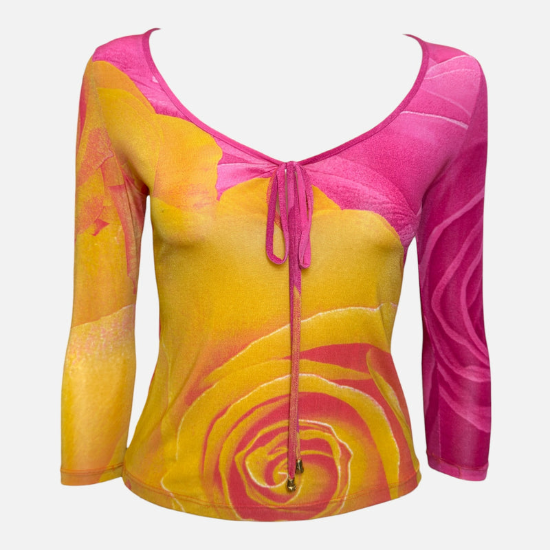 Roberto Cavalli F/W 1999 Pink & Yellow Rose-Print Long-Sleeve Top