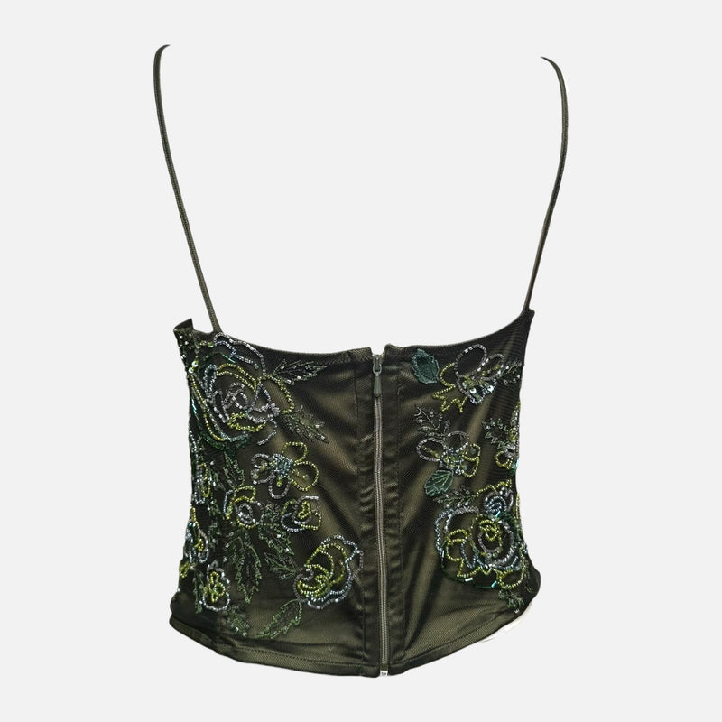 La Perla 1990s Olive Green Beaded Floral-Embellished Corset Top