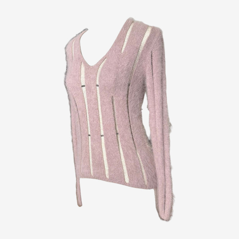 Pink mohair sweater by YSL Tom Ford, deep V-neckline and fitted silhouette