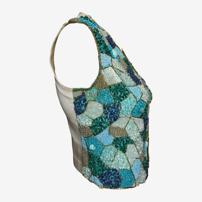 Beaded vest by Blumarine showing interior cream silk lining and mosaic glass bead construction