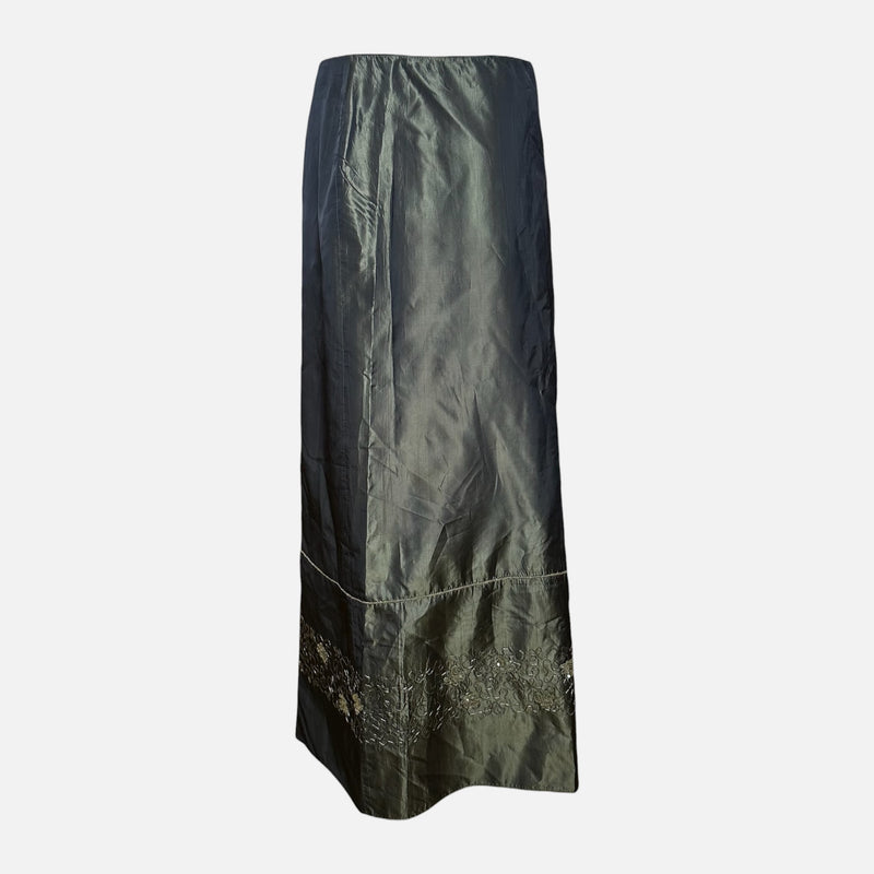 Blumarine F/W 1999 Dark Green Iridescent Taffeta Sequin-Embroidered Maxi Skirt