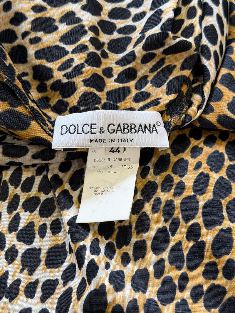 Back view of Dolce & Gabbana leopard print hooded dress, floor-length silhouette