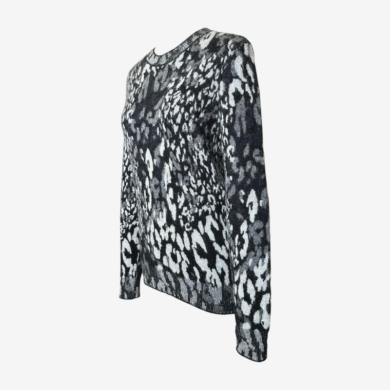 Grey, black and white snow leopard jacquard knit by Saint Laurent, detail of sleeve cuff